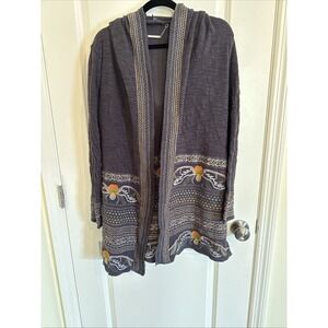 Paparazzi by Biz Gray Embroidered Long Hooded Cardigan Open Jacket Medium Boho
